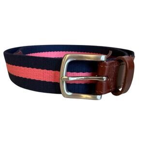 Vineyard Vines Canvas & Leather Preppy Belt Navy Blue Pink Stripe 38